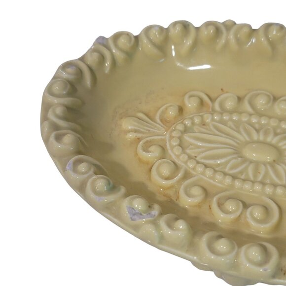 yellow Ornate Oval Footed Regency Glam Ceramic Soap Dish Trinket Tray - Picture 8 of 11